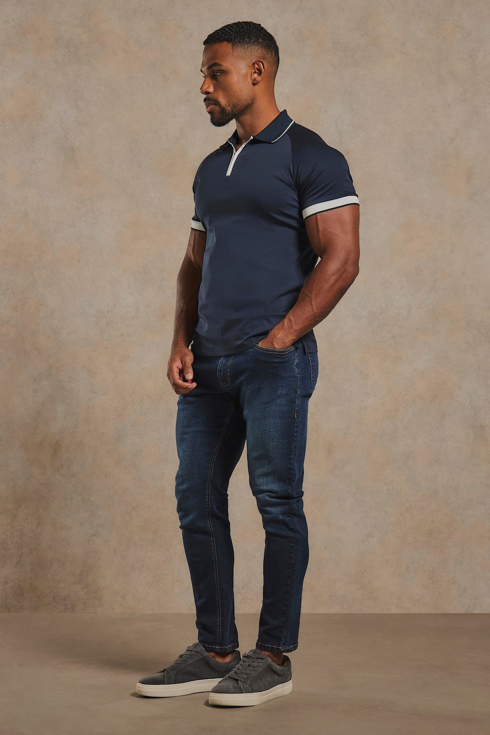 Mercerised Cotton Tipped Zip Neck Polo Shirt in Navy and White