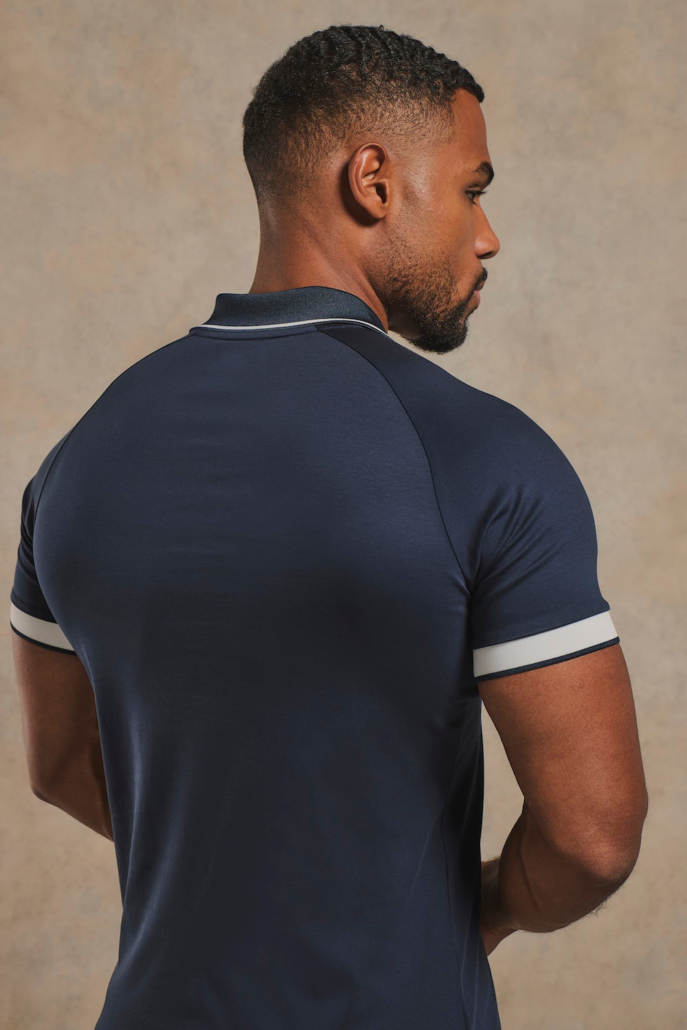 Mercerised Cotton Tipped Zip Neck Polo Shirt in Navy and White