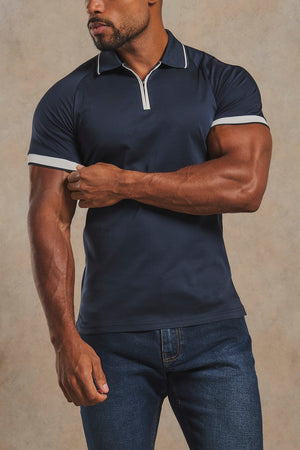 Mercerised Cotton Tipped Zip Neck Polo Shirt in Navy and White