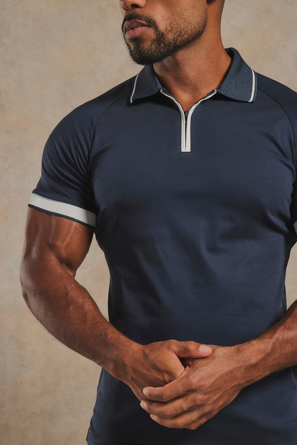 Mercerised Cotton Tipped Zip Neck Polo Shirt in Navy and White