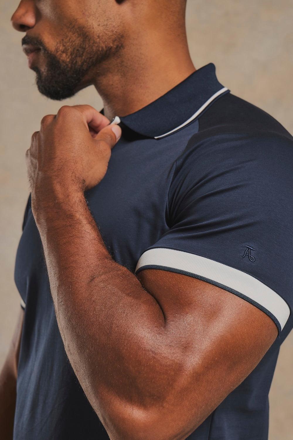 Mercerised Cotton Tipped Zip Neck Polo Shirt in Navy and White