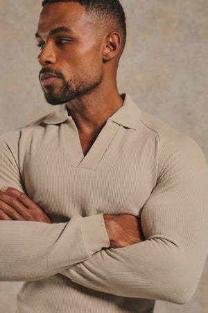 Textured Buttonless Polo Shirt in Stone