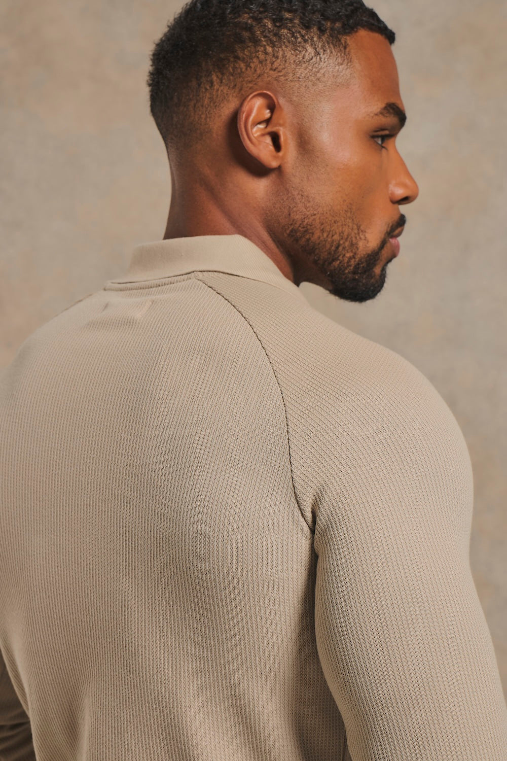 Textured Buttonless Polo Shirt in Stone