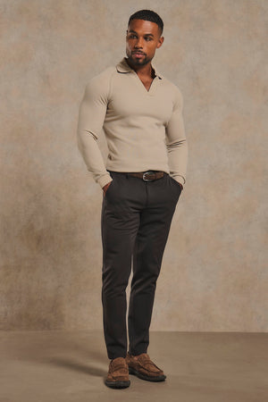 Textured Buttonless Polo Shirt in Stone