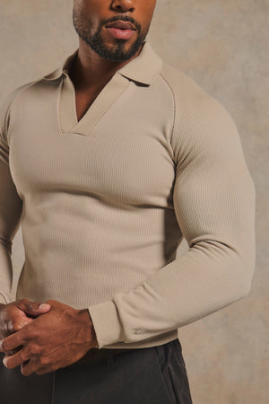 Textured Buttonless Polo Shirt in Stone