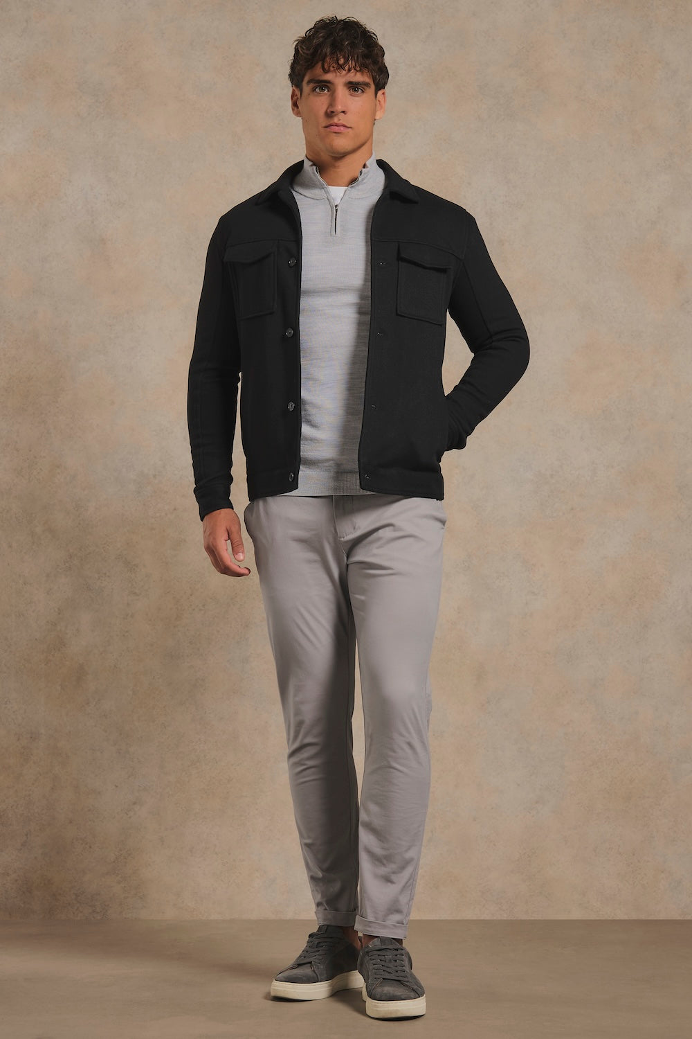 Lined Twill Melange Shacket in Black