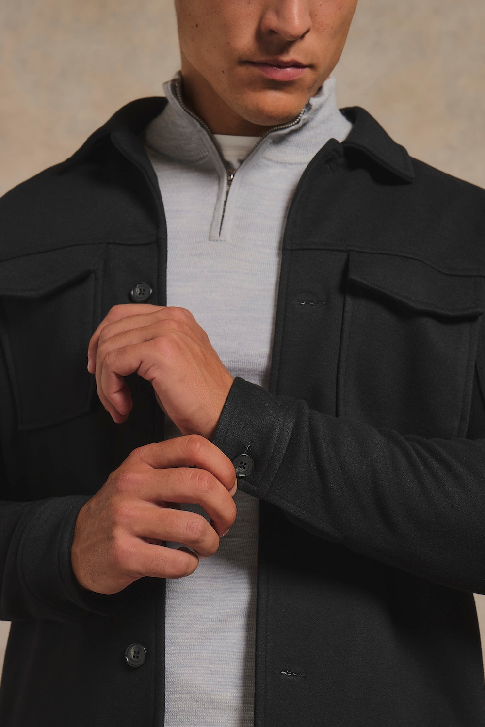 Lined Twill Melange Shacket in Black