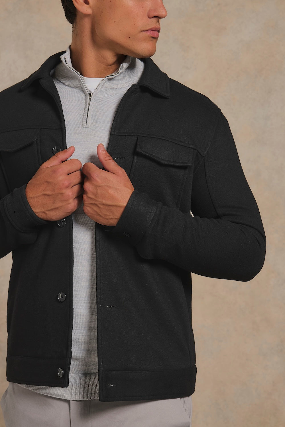 Lined Twill Melange Shacket in Black