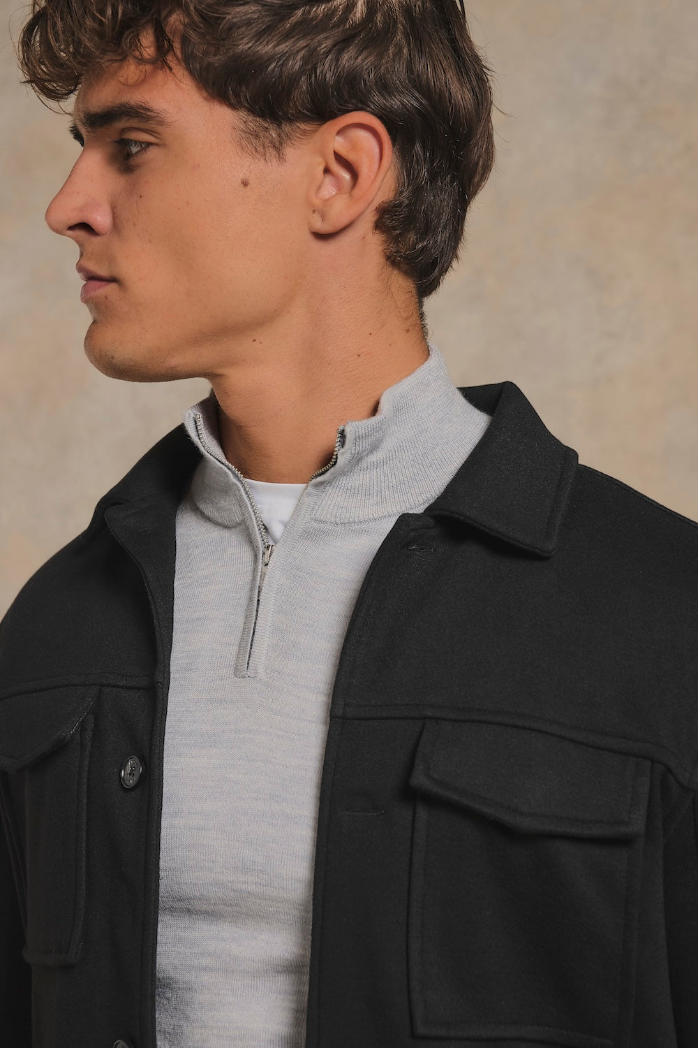 Lined Twill Melange Shacket in Black