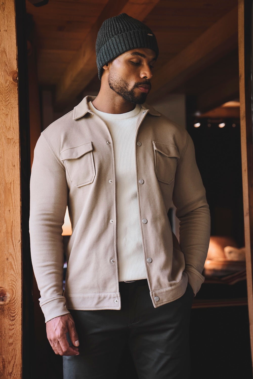 Textured Jersey Shacket in Dark Stone