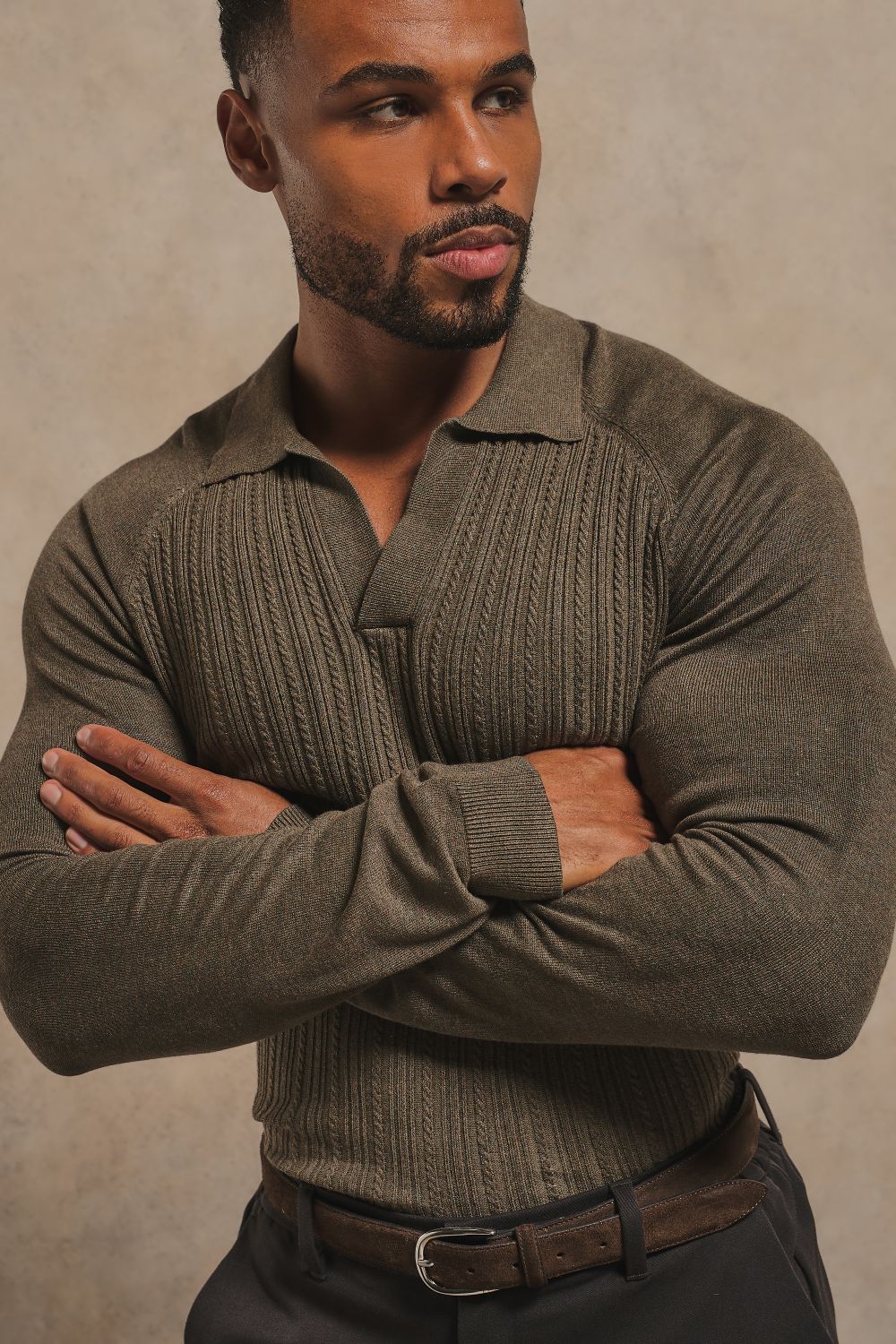 Fine Cable Knitted Open Collar Polo Shirt in Dark Mocha Marl