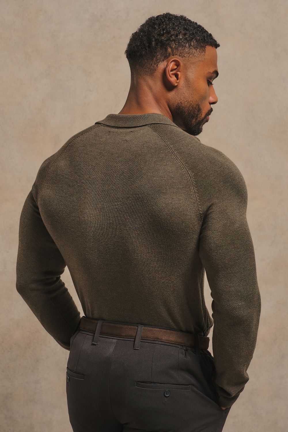 Fine Cable Knitted Open Collar Polo Shirt in Dark Mocha Marl