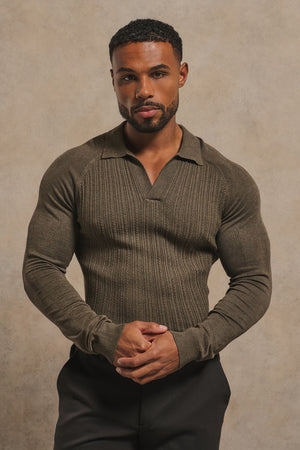 Fine Cable Knitted Open Collar Polo Shirt in Dark Mocha Marl
