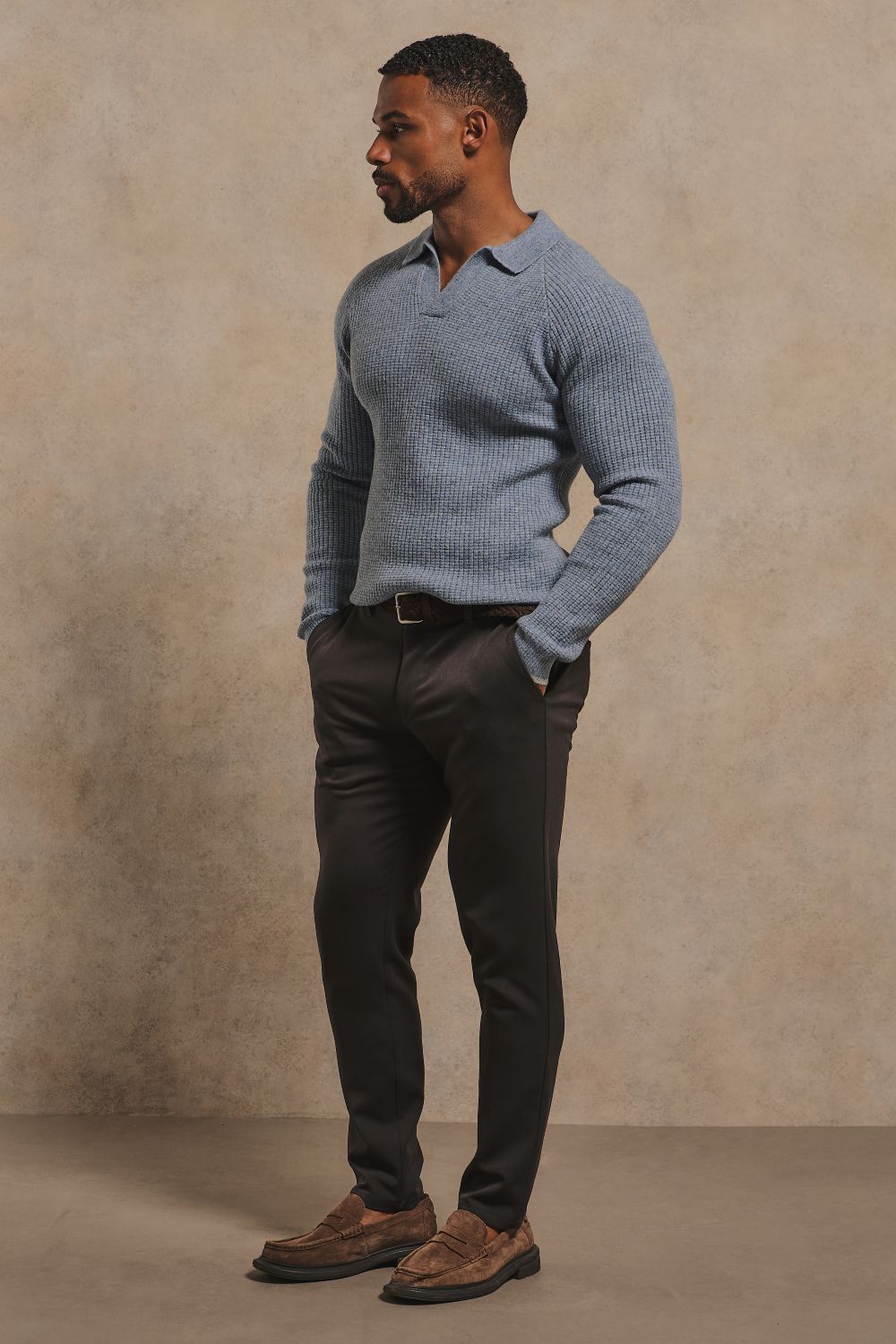 Tipped Fisherman Ribbed Open Collar Polo Shirt in Grey Blue with Light Grey Marl Tipping