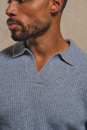 Tipped Fisherman Ribbed Open Collar Polo Shirt in Grey Blue with Light Grey Marl Tipping