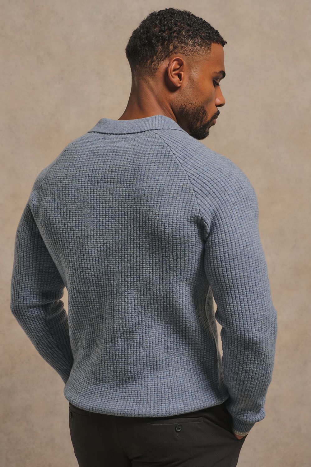 Tipped Fisherman Ribbed Open Collar Polo Shirt in Grey Blue with Light Grey Marl Tipping