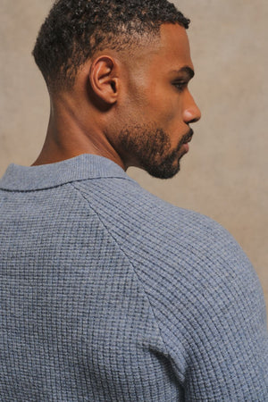 Tipped Fisherman Ribbed Open Collar Polo Shirt in Grey Blue with Light Grey Marl Tipping