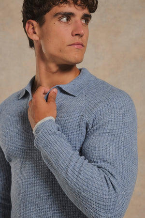 Tipped Fisherman Ribbed Open Collar Polo Shirt in Grey Blue with Light Grey Marl Tipping