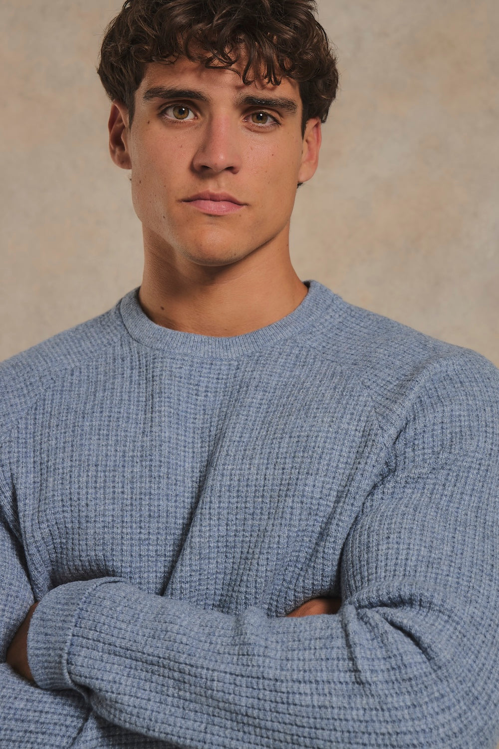 Fisherman Crew Neck Jumper in Grey Blue