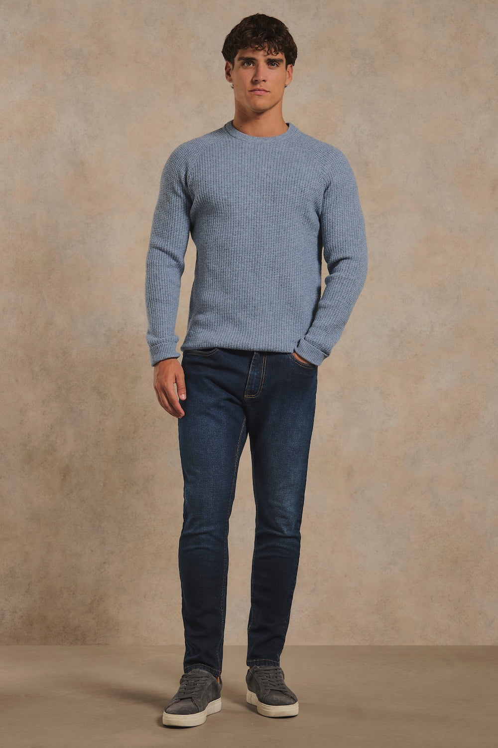 Fisherman Crew Neck Jumper in Grey Blue