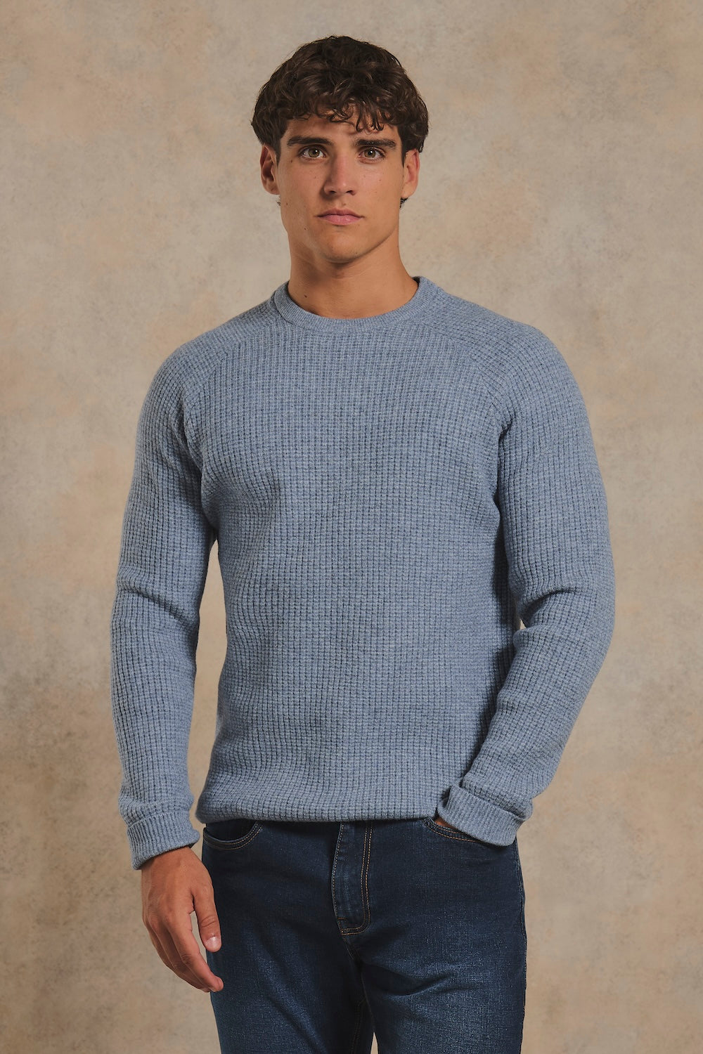 Fisherman Crew Neck Jumper in Grey Blue
