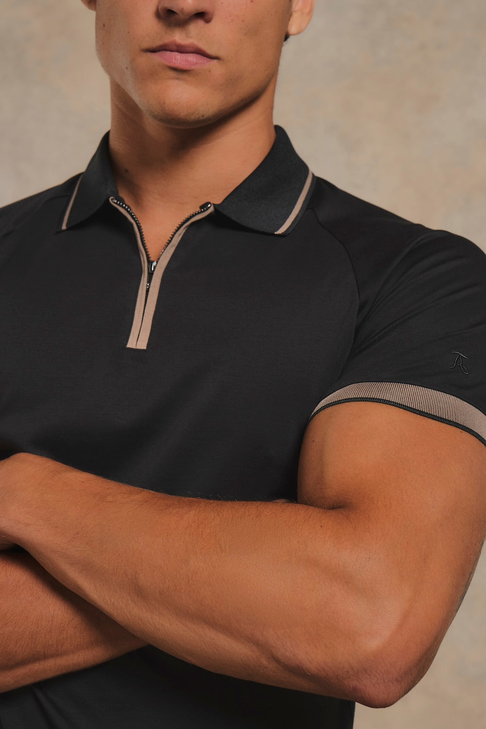 Mercerised Cotton Tipped Zip Neck Polo Shirt in Black with Mocha Tipping
