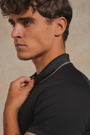 Mercerised Cotton Tipped Zip Neck Polo Shirt in Black with Mocha Tipping
