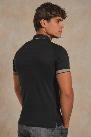 Mercerised Cotton Tipped Zip Neck Polo Shirt in Black with Mocha Tipping