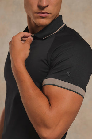 Mercerised Cotton Tipped Zip Neck Polo Shirt in Black with Mocha Tipping