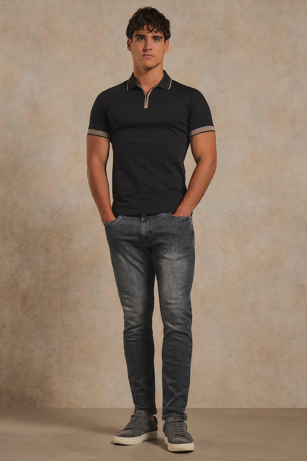 Mercerised Cotton Tipped Zip Neck Polo Shirt in Black with Mocha Tipping