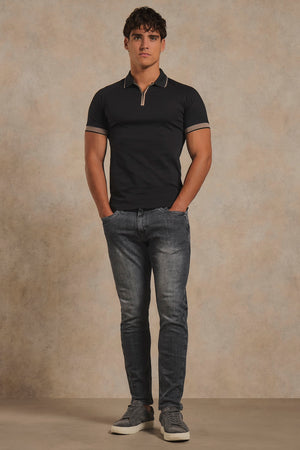 Mercerised Cotton Tipped Zip Neck Polo Shirt in Black with Mocha Tipping