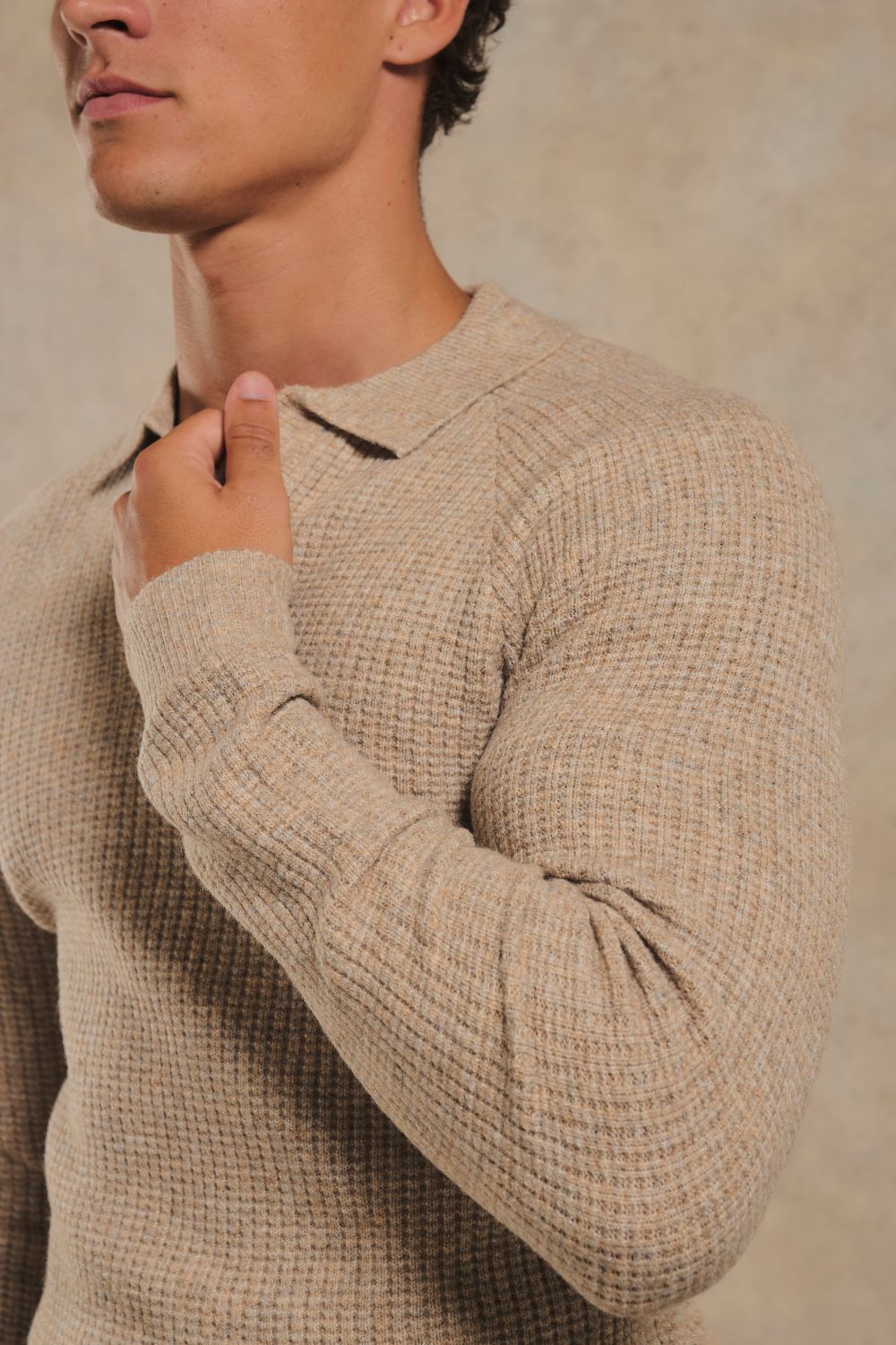 Fisherman Ribbed Open Collar Polo Shirt in Neutral Marl