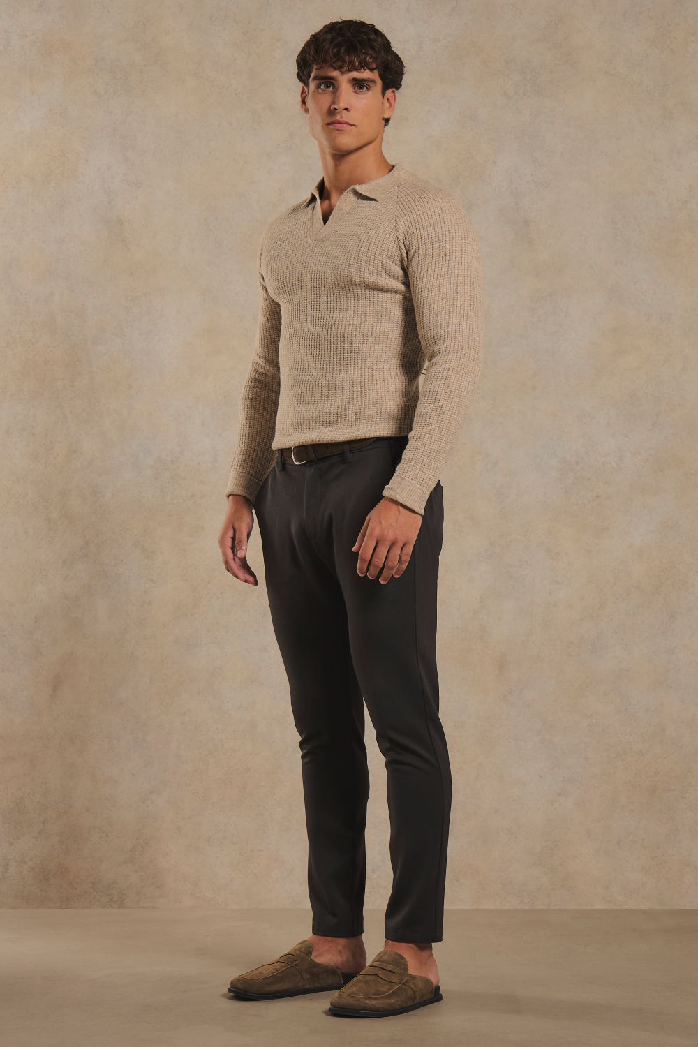 Fisherman Ribbed Open Collar Polo Shirt in Neutral Marl