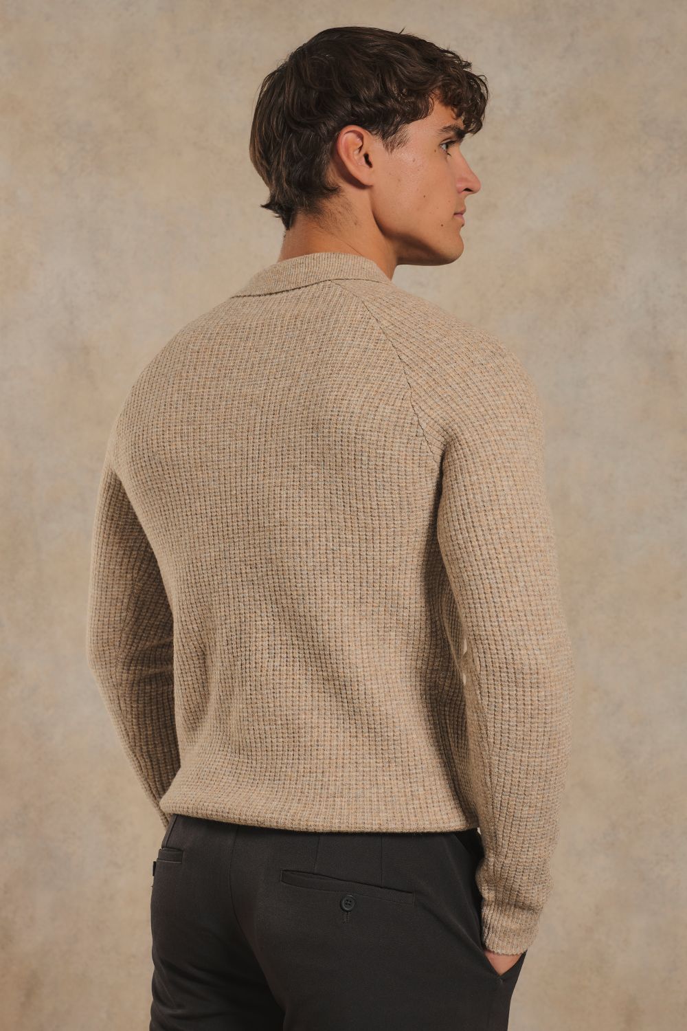 Fisherman Ribbed Open Collar Polo Shirt in Neutral Marl