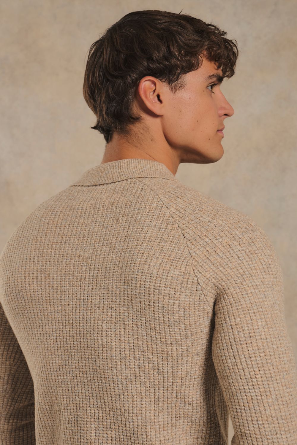 Fisherman Ribbed Open Collar Polo Shirt in Neutral Marl