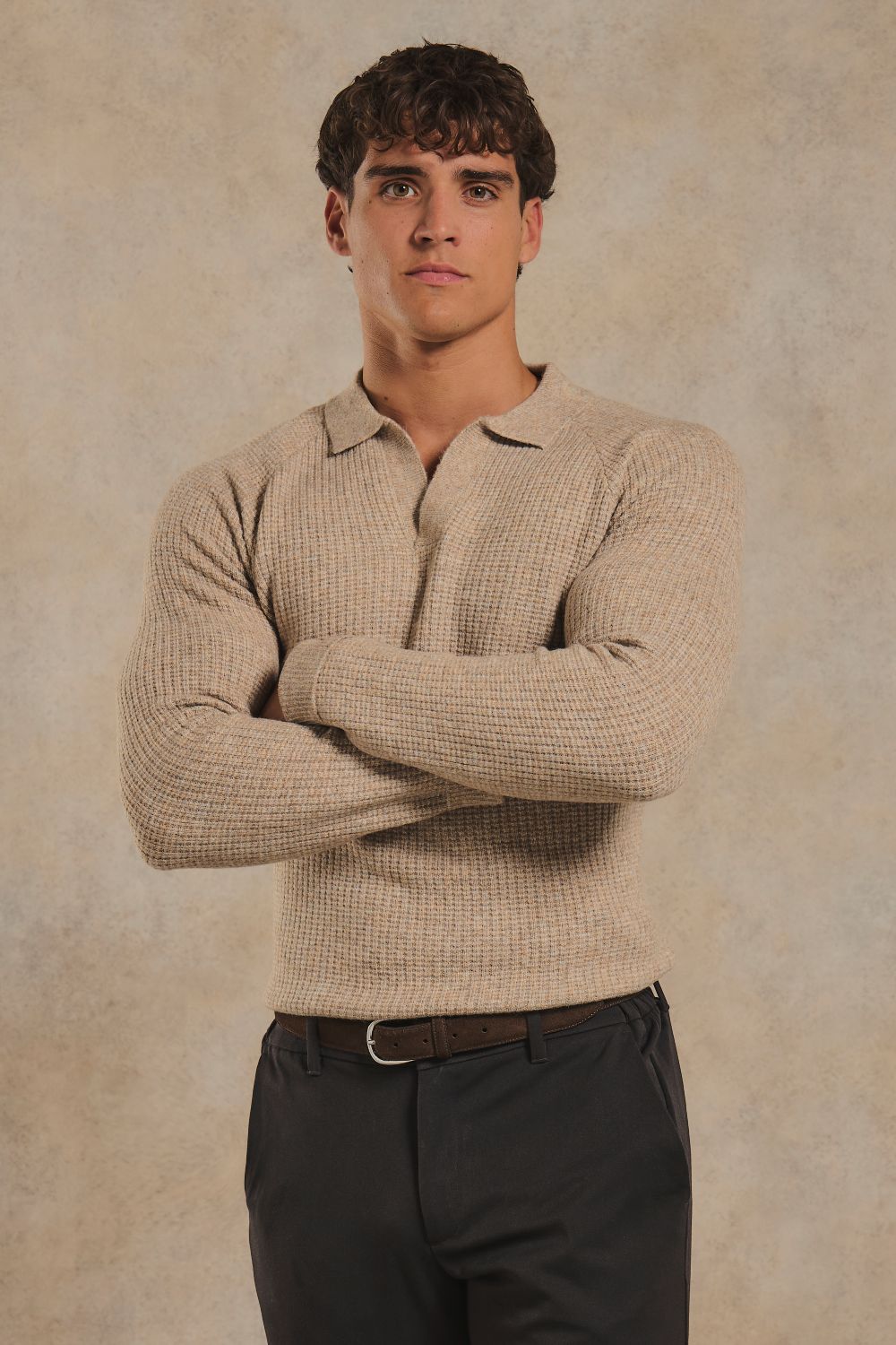 Fisherman Ribbed Open Collar Polo Shirt in Neutral Marl