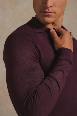 Open Collar Knitted Polo Shirt in Wine