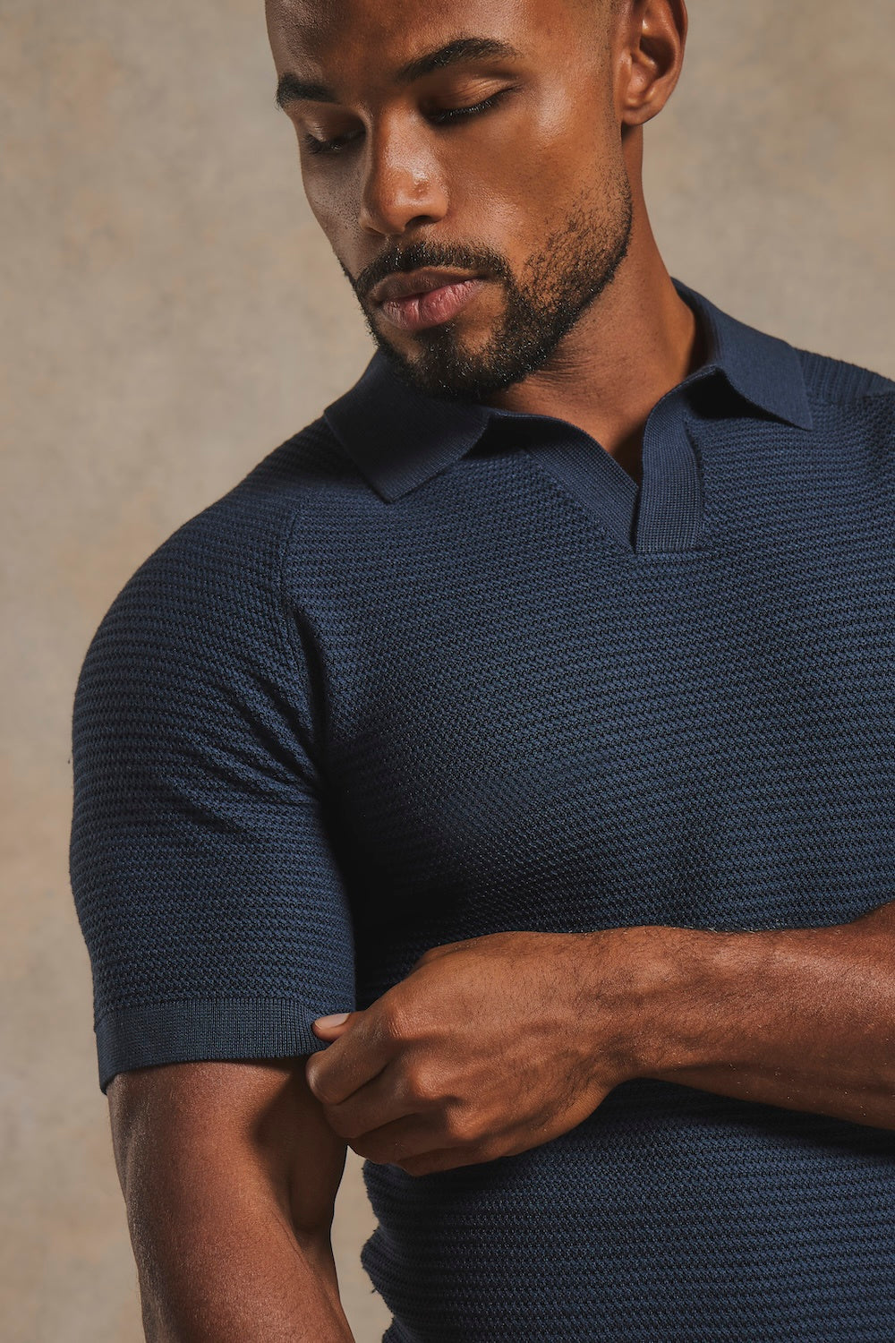 Textured Knitted Open Collar Polo Shirt in Navy