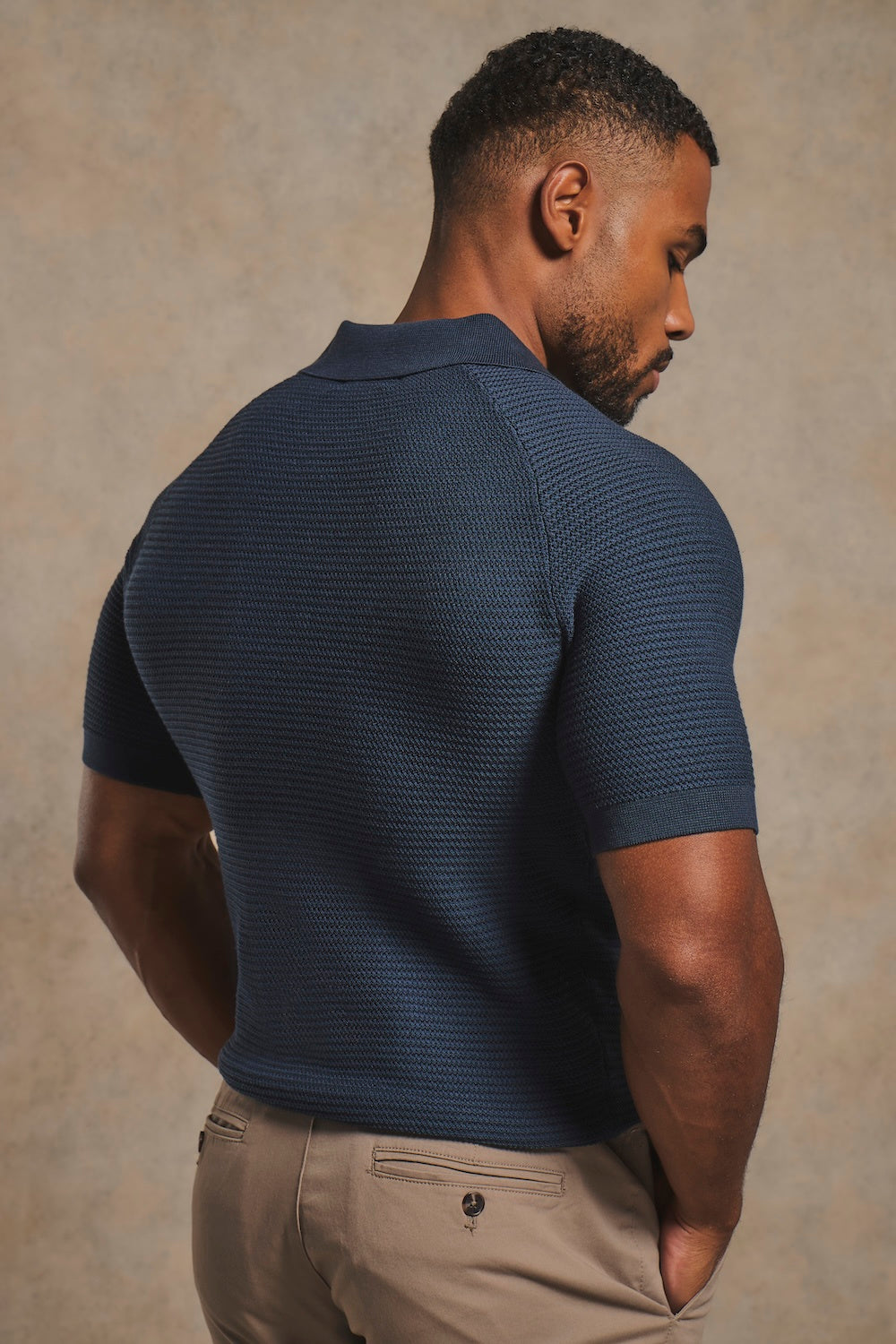 Textured Knitted Open Collar Polo Shirt in Navy