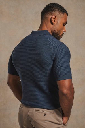 Textured Knitted Open Collar Polo Shirt in Navy