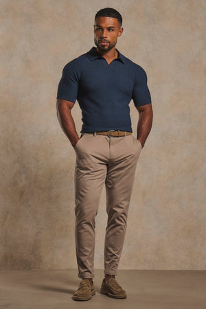 Textured Knitted Open Collar Polo Shirt in Navy