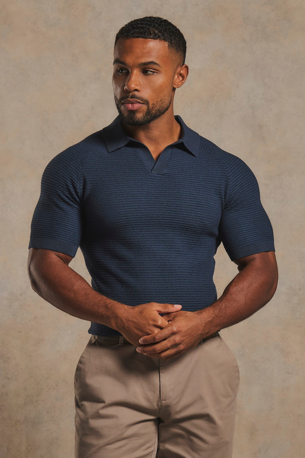 Textured Knitted Open Collar Polo Shirt in Navy