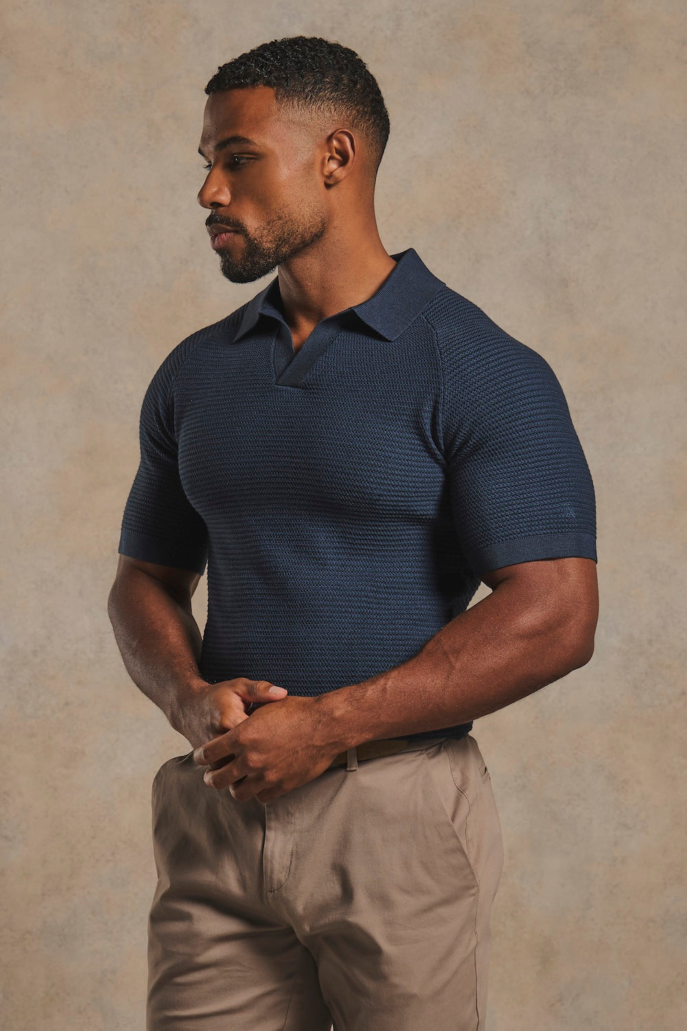 Textured Knitted Open Collar Polo Shirt in Navy