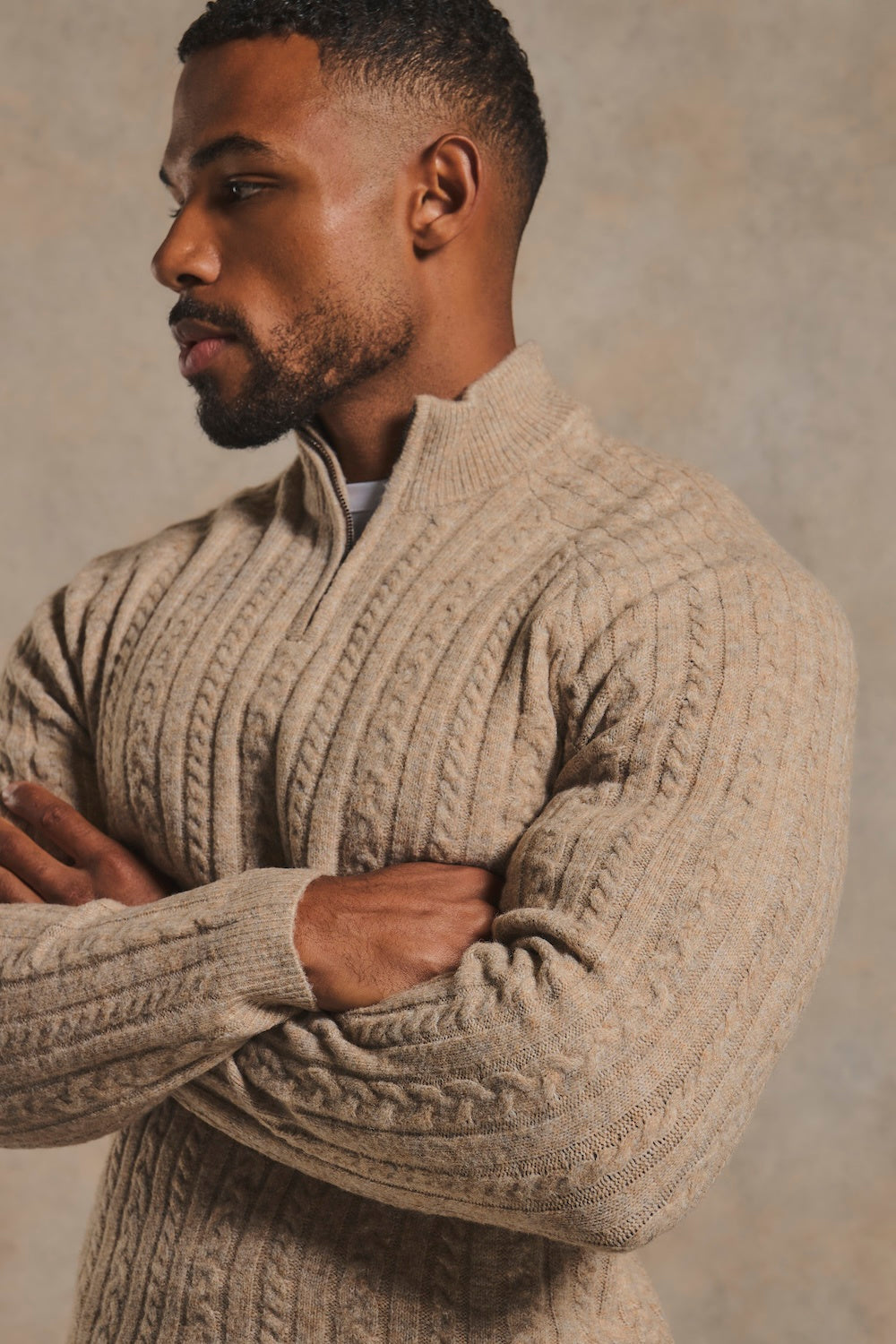Soft Cable Half Zip Neck Jumper in Neutral