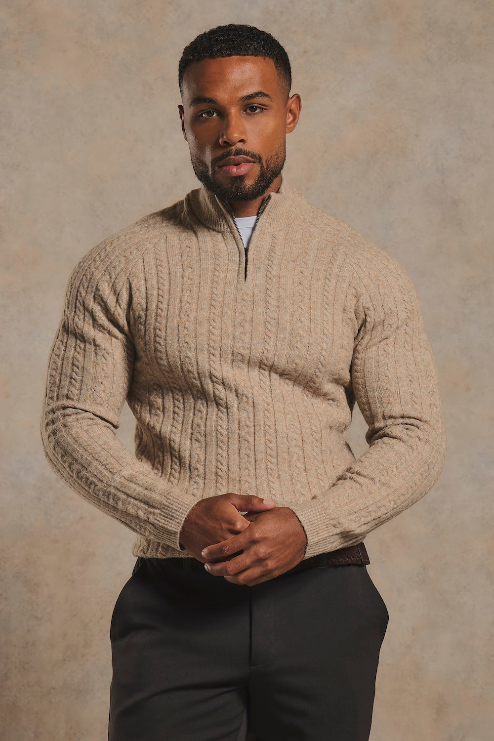 Soft Cable Half Zip Neck Jumper in Neutral