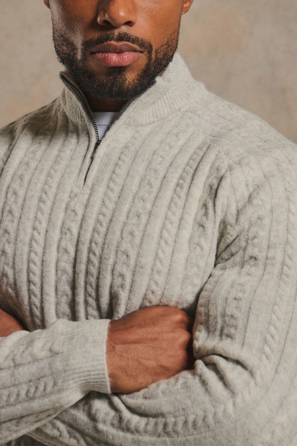 Soft Cable Half Zip Neck Jumper in Soft Grey Marl