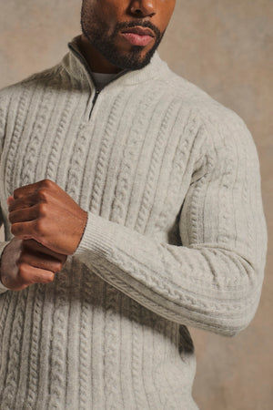 Soft Cable Half Zip Neck Jumper in Soft Grey Marl
