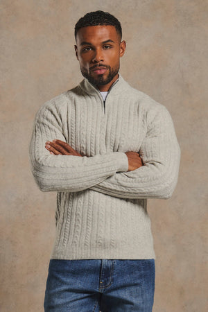 Soft Cable Half Zip Neck Jumper in Soft Grey Marl