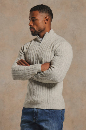 Soft Cable Half Zip Neck Jumper in Soft Grey Marl