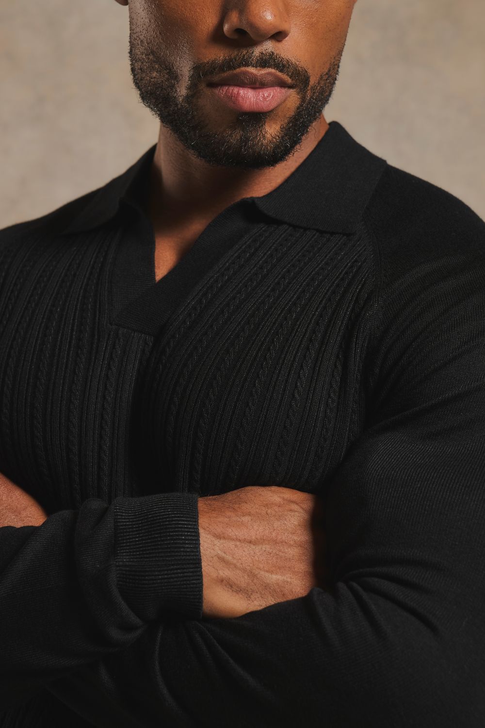 Fine Cable Knitted Open Collar Polo Shirt in Black